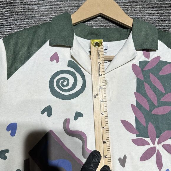 Teddi Sport Polo Shirt Women's Size S White Green Long Sleeve Vintage Floral - Picture 7 of 14